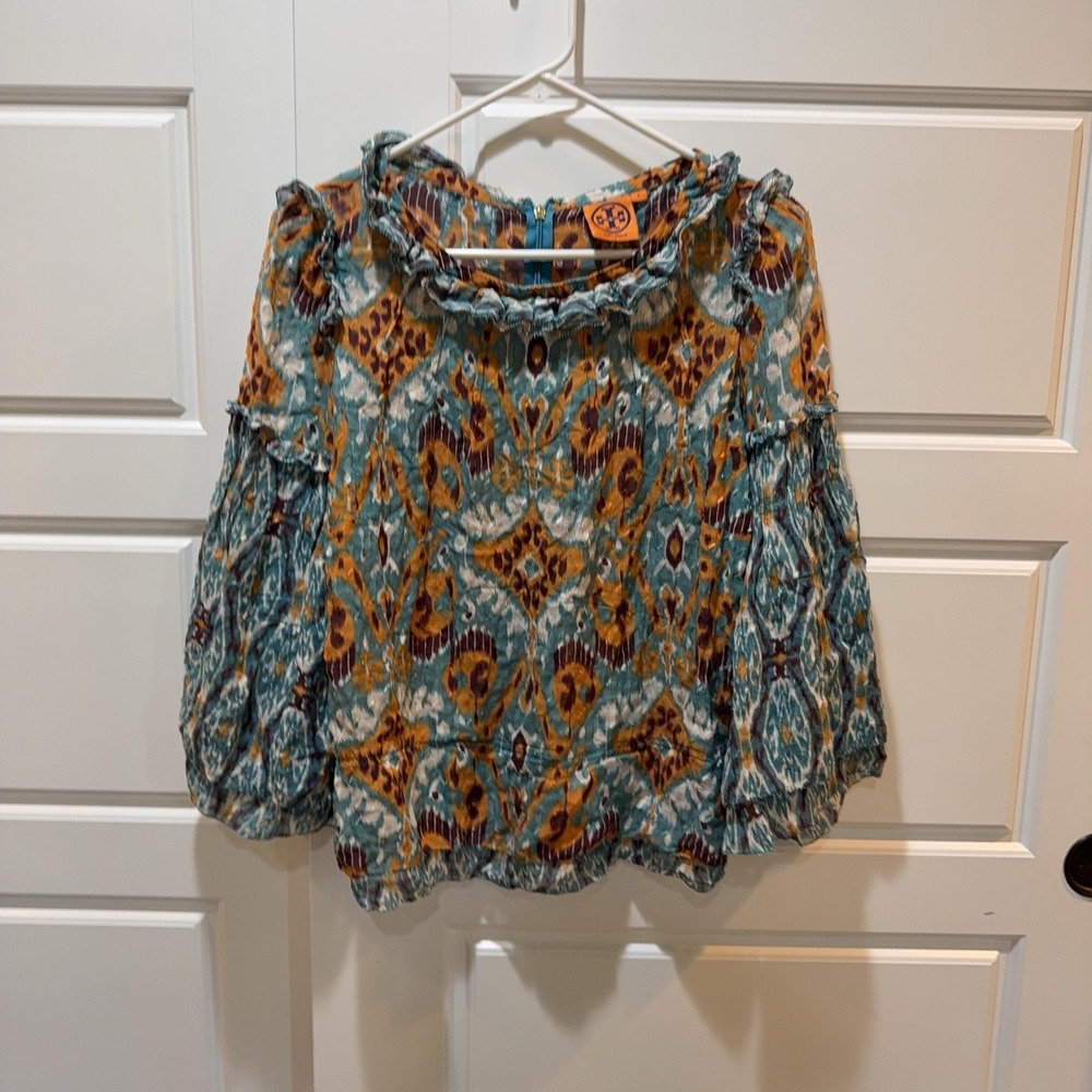 Tory Burch Blouse Womens 6 Multicolor Silk Ruffle Bell Sleeve Boho Tunic Top